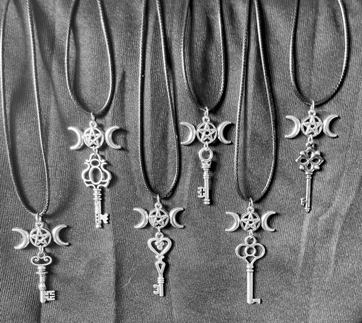 Triple Moon Pentacle with Skeleton Key Necklaces