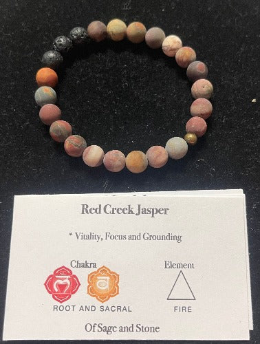 Matte Gemstone and Lava Rock Stretch Bracelet - Red Creek Jasper (Large)