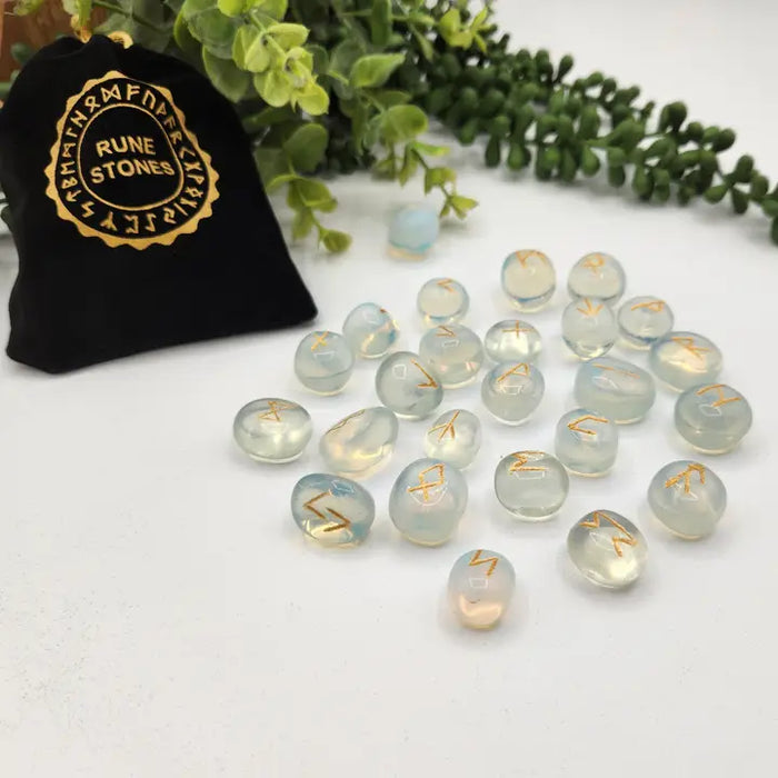 Opalite Gemstone Rune Sets with Velvet Pouch