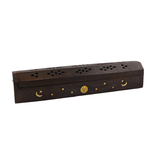 Hand Carved Wooden Incense Burner Box - Sun & Moon