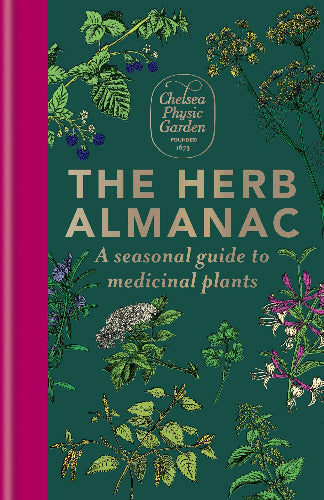 Book cover of 'The Herb Almanac' with illustrations of herbs on a green background