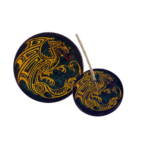 Round Wooden Incense Burner - Dragon (4 in.)