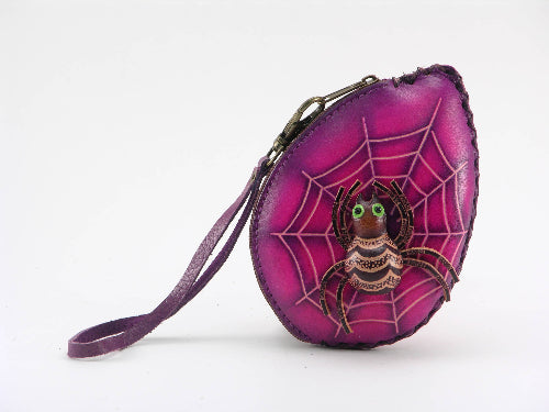 Leather Spider Coin Purse Wristlet: Purple