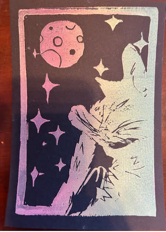 Sherlock Cat and Moon Lino Print on Black - 6x4.5"