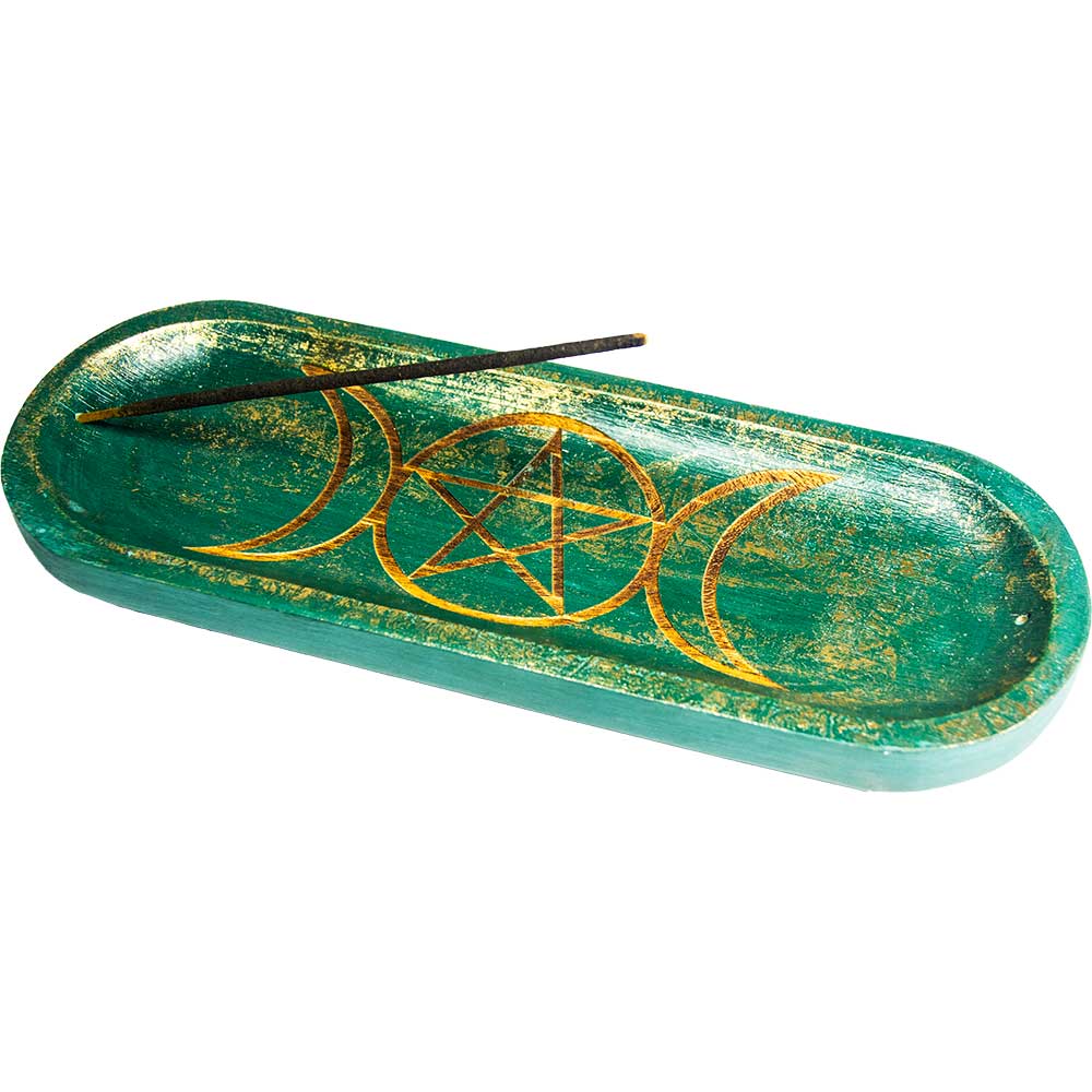 Mango Wood Incense Holder Engraved-Triple Moon Pentacle