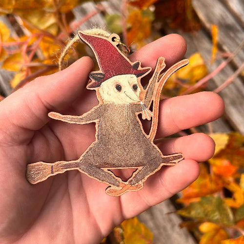 Wooden Witch 'Possum Ornament 