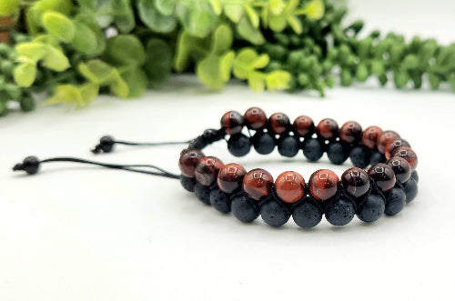 Red Tiger Eye with Black Lava Woven Adjustable Bracelet 8mm