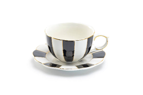 Black and White 7oz Scallop Fine Porcelain Tea Cup & Saucer