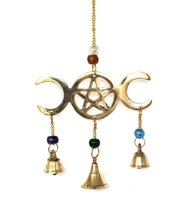 Triple Moon Pentagram Wind Chime Brass with Beads