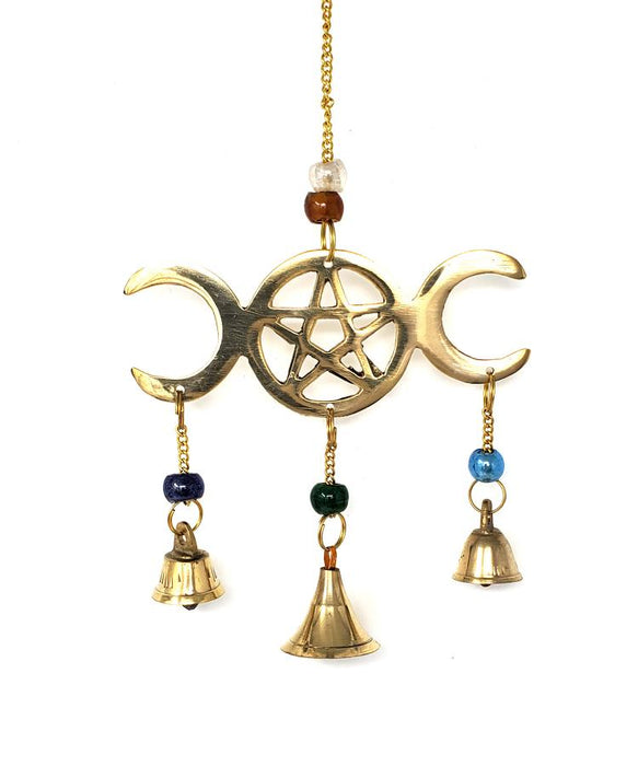 Triple Moon Pentagram Wind Chime Brass with Beads
