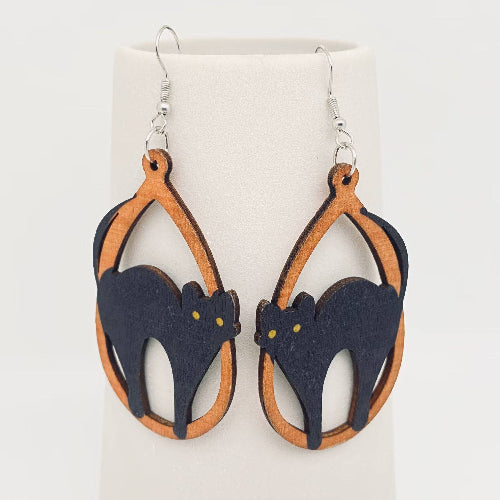 Black Cat Wooden Earrings