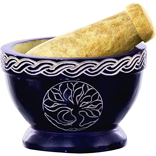Soapstone Mortar & Pestle  Tree of Life Blue