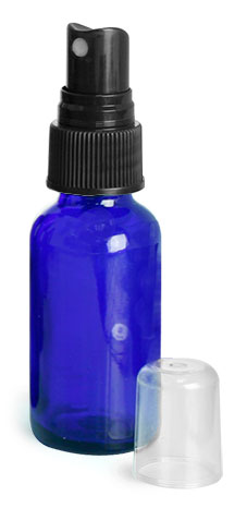 1oz Blue Glass Boston Round Bottles w/ Black Ribbed Fine Mist Sprayers