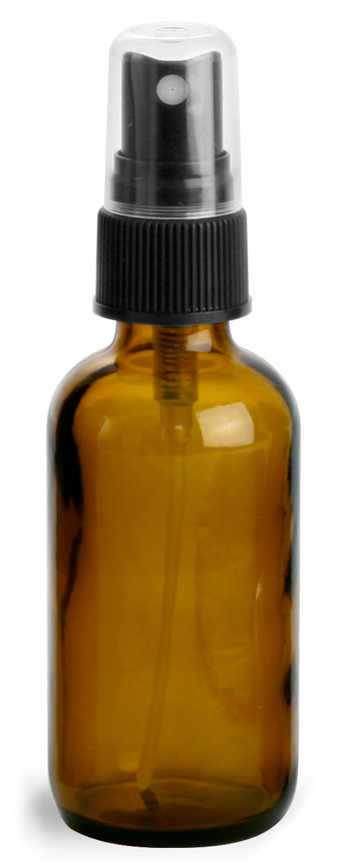 1 oz Amber Glass Round Bottles w/ Black Fine Mist Sprayers