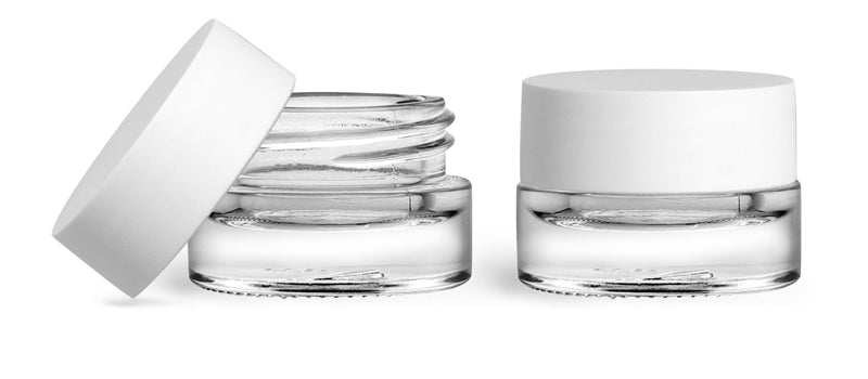 Glass Jars, 5 ml Clear Glass Thick Wall Cosmetic Jars w/ Matte White Lined Caps